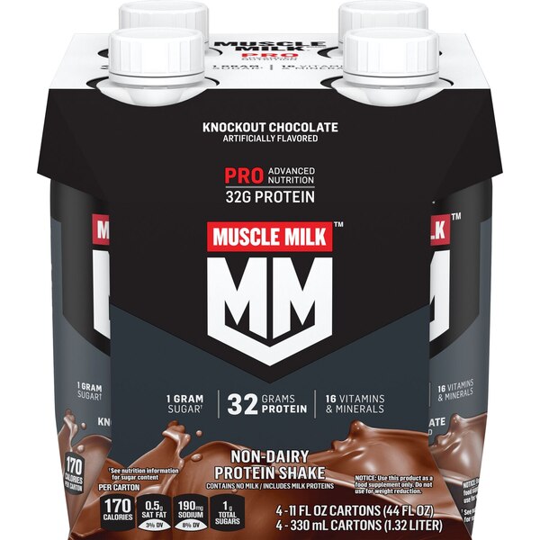 Clicking on the image opens a new modal with 4 larger images of Muscle Milk Pro Series Protein Shake, Non Dairy, 4 CT, 11 OZ. Some images may not have descriptive text. 1 out of 4.