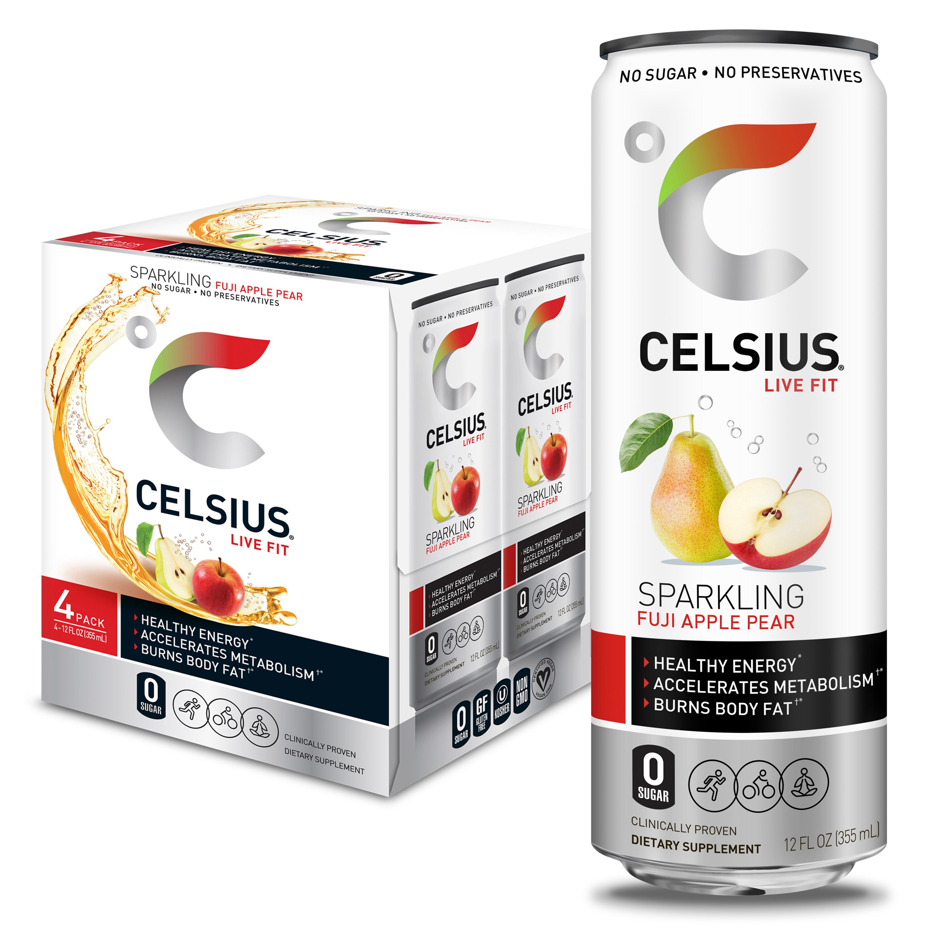 Celcius Sparkling Fuji Apple Pear, 12 OZ, 4 PK