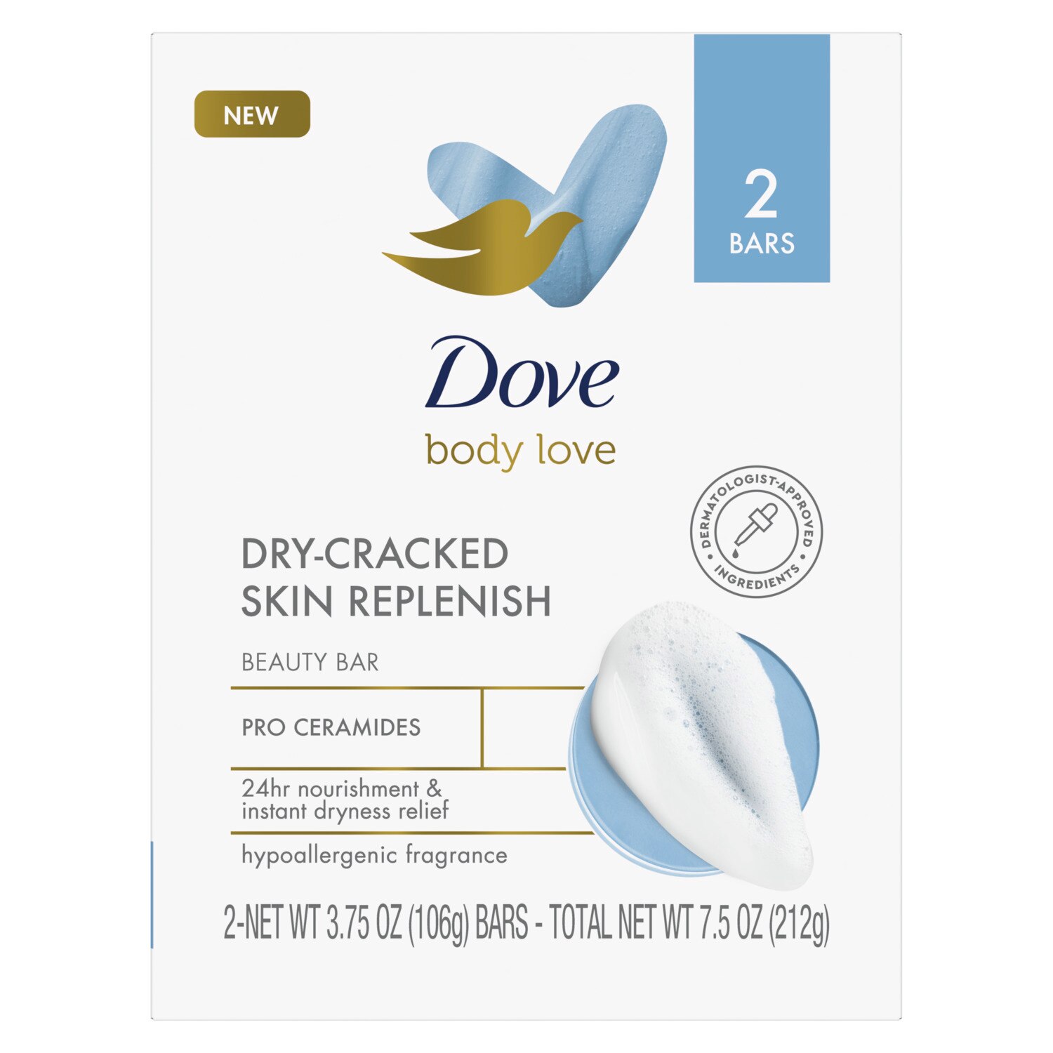 Dove Body Love Dry-Cracked Skin Replenish Beauty Bar, 3.75 oz, 2 ct