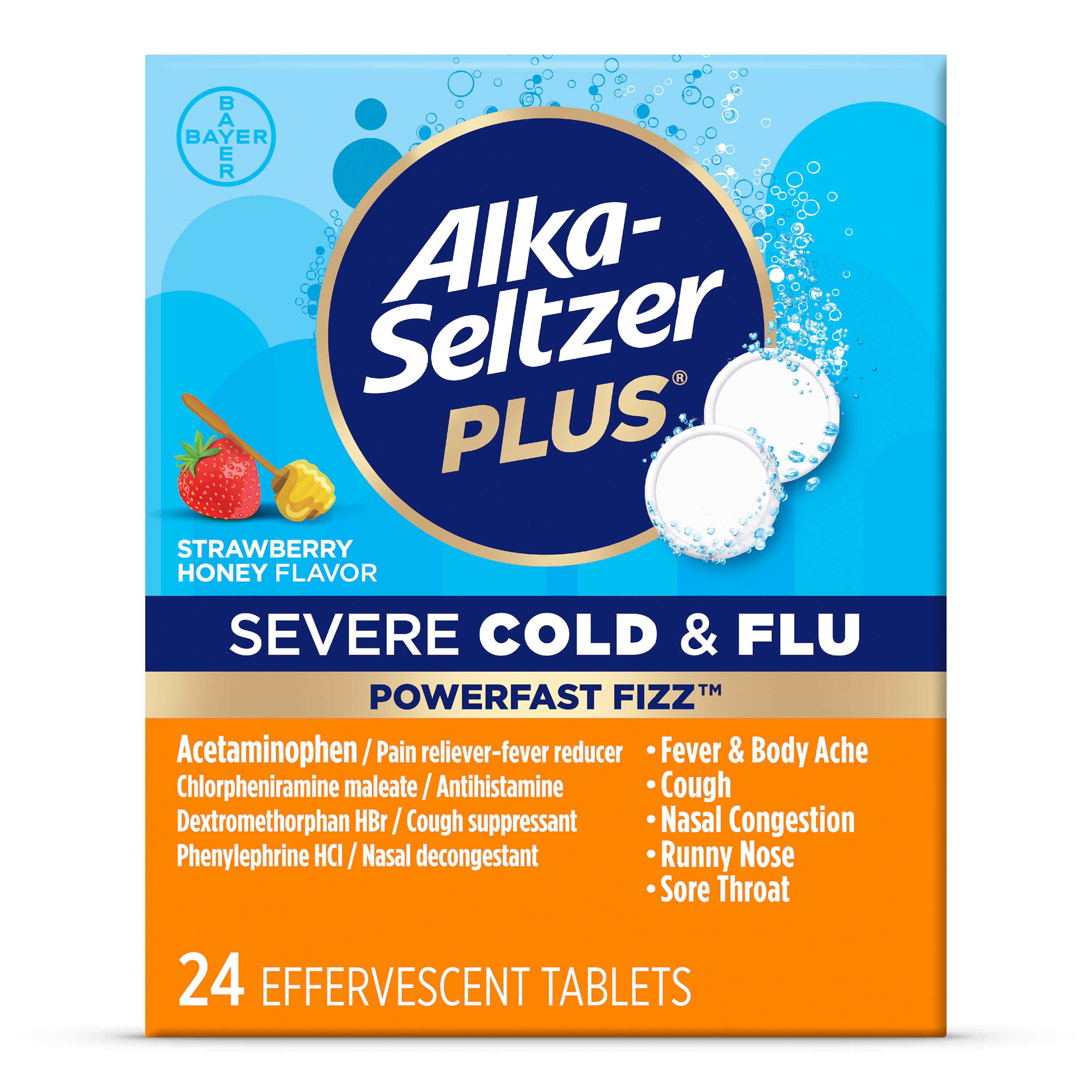 Alka-Seltzer Plus Powerfast Fizz, Severe Cold & Flu Medicine, Strawberry Honey Effervescent Tablets, 24 CT