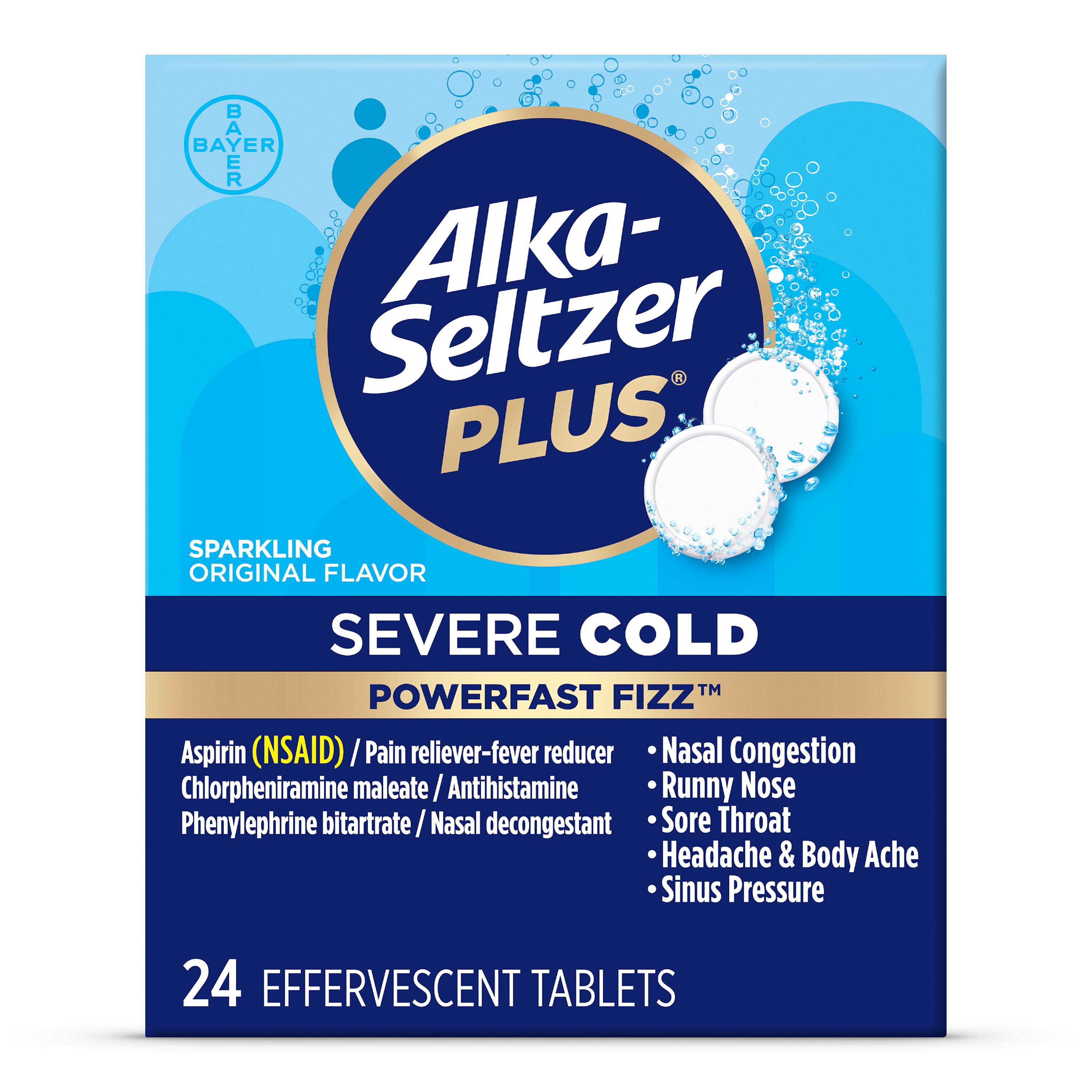 Alka-Seltzer Plus Severe Cold Effervescent Tablets, Sparkling Original, 24 CT