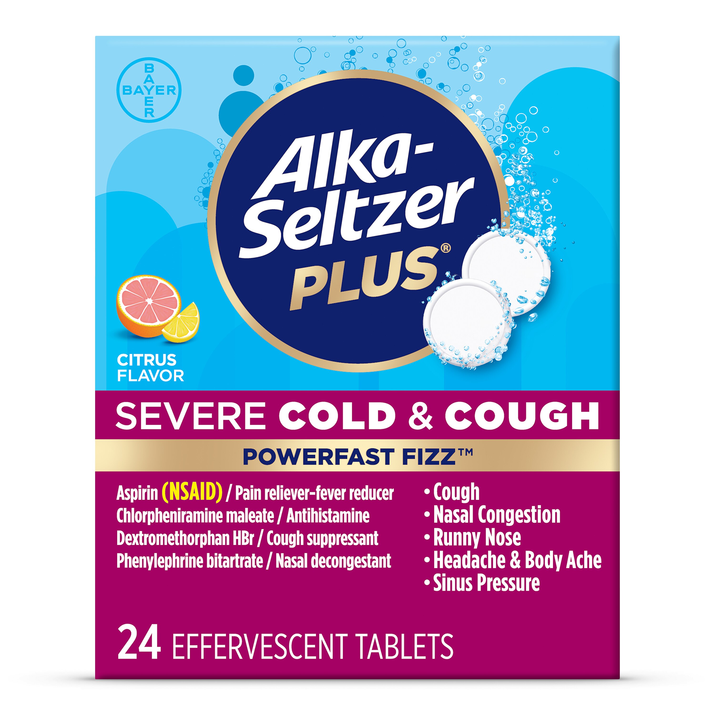 Alka-Seltzer Plus Severe Cold & Cough PowerFast Fizz Citrus Effervescent Tablets, 24 CT