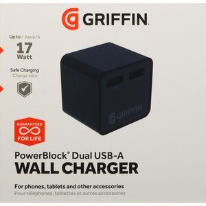 Griffin PowerBlock Dual Universal USB-A Wall Charger, Black