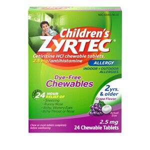 Zyrtec Children's 24HR Dye-Free Allergy Relief Chewable Tablets, 2.5mg Cetirizine HCl, Grape, 24 CT