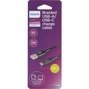 Philips Elite USB-A to USB-C Cable, 3 ft Braided, Black