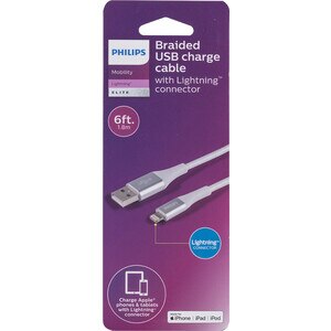 Philips USB to Lightning Cable, 6 ft, White, Braided