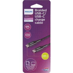 Philips Elite USB-C to USB-C Cable, 6 ft, Braided, Black