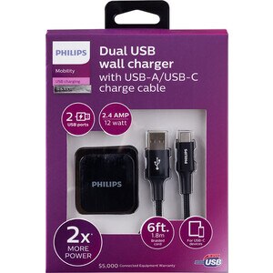 Philips AC Charger with USB A-Lightning Cable, 2 Ports, 2.4A, 6ft Braided, Black