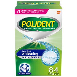 Polident Overnight Whitening Antibacterial Denture Cleanser Effervescent Tablets, 84 count