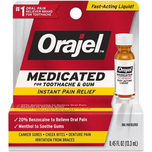 Orajel Medicated For Toothache & Gum Instant Pain Relief Liquid with 20% Benzocaine, 0.45 OZ