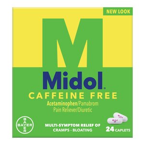 Midol Caffeine Free Menstrual Pain Relief Caplets with Acetaminophen for Menstrual Symptom Relief, 24 CT