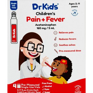 DrKids Children's Pain + Fever Pre-Measured Single-Use Vials, Cherry Flavor, 4 CT