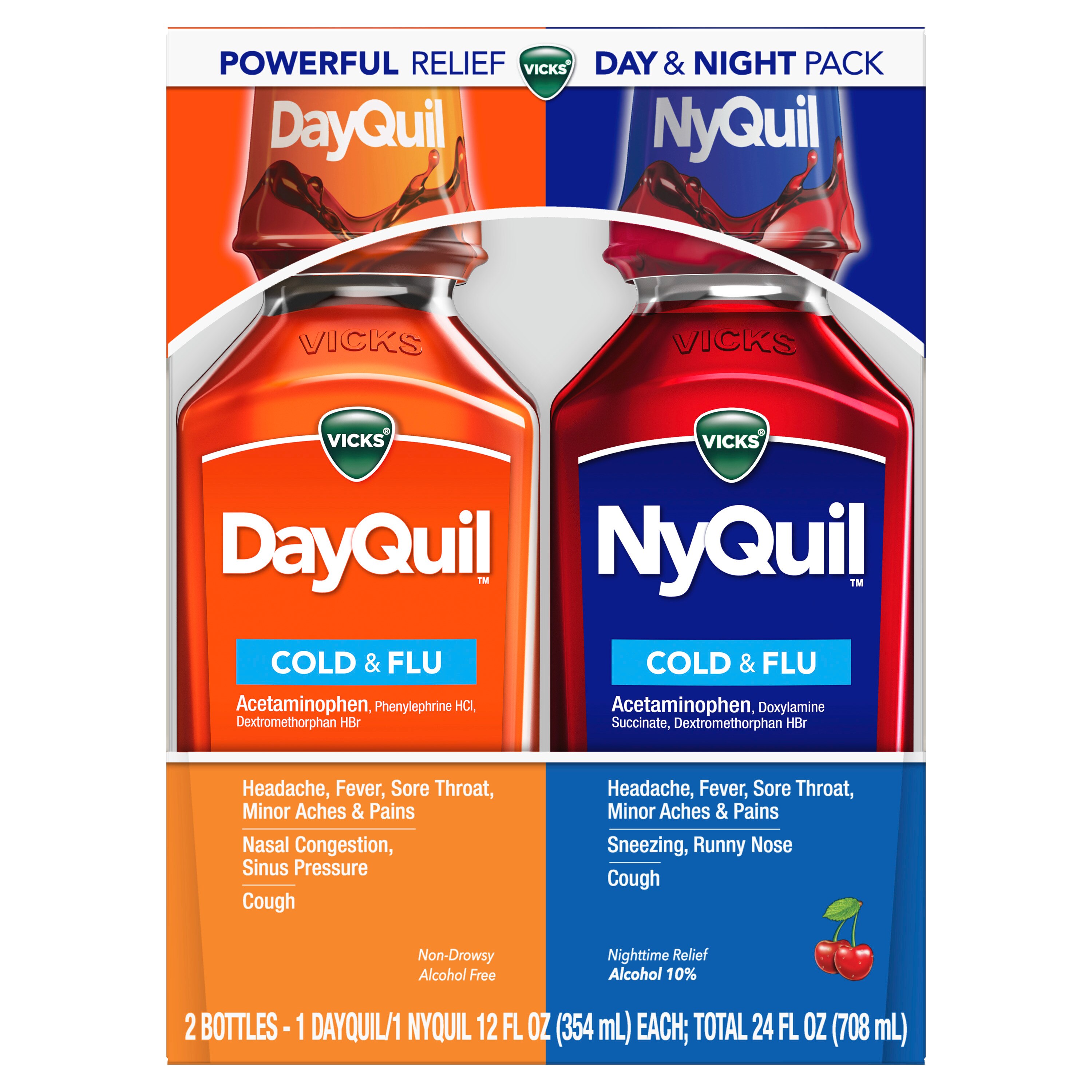 Vicks DayQuil, Non-Drowsy, Daytime Cold & Flu Medicine & NyQuil, Nighttime Multi-Symptom Relief, Cherry Flavor, Liquid Combo Pack 12 OZ Each