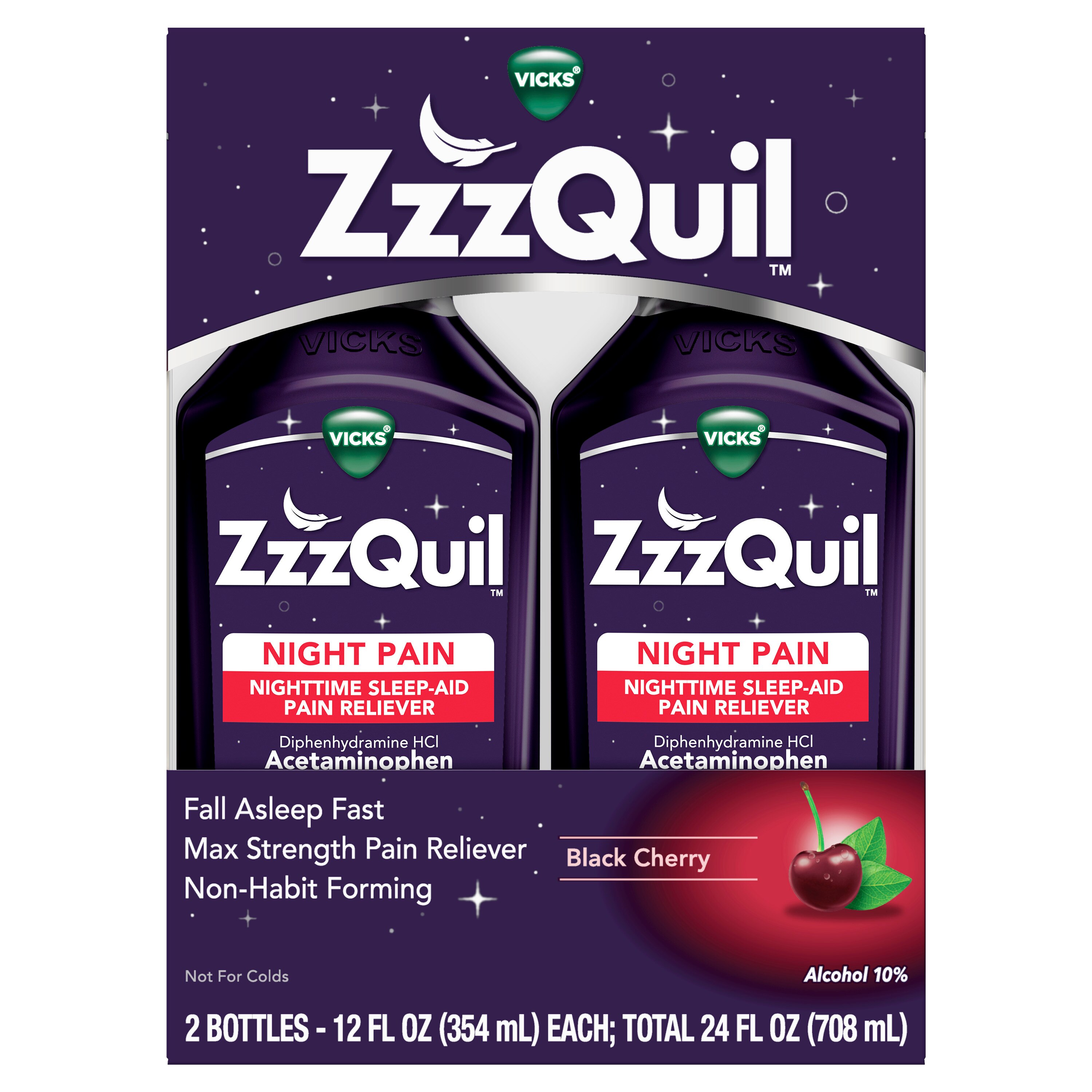 Vicks ZzzQuil Night Pain Liquid, Nighttime Sleep-Aid Pain Reliever, Black Cherry, 2 12 FL OZ