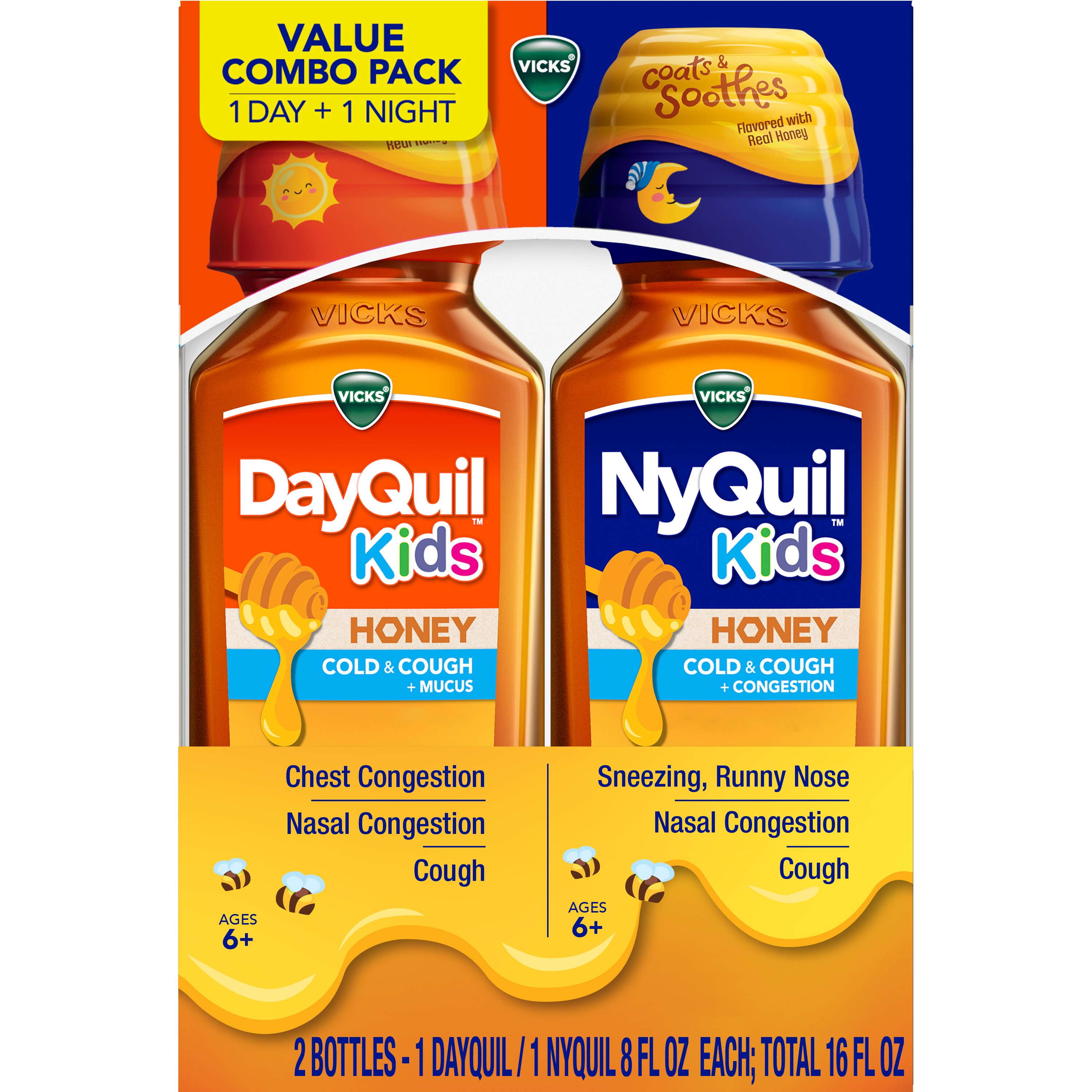 Vicks DayQuil and NyQuil Kids Cold & Cough + Mucus and Congestion Combo Pack, Honey, 2 8 OZ bottles