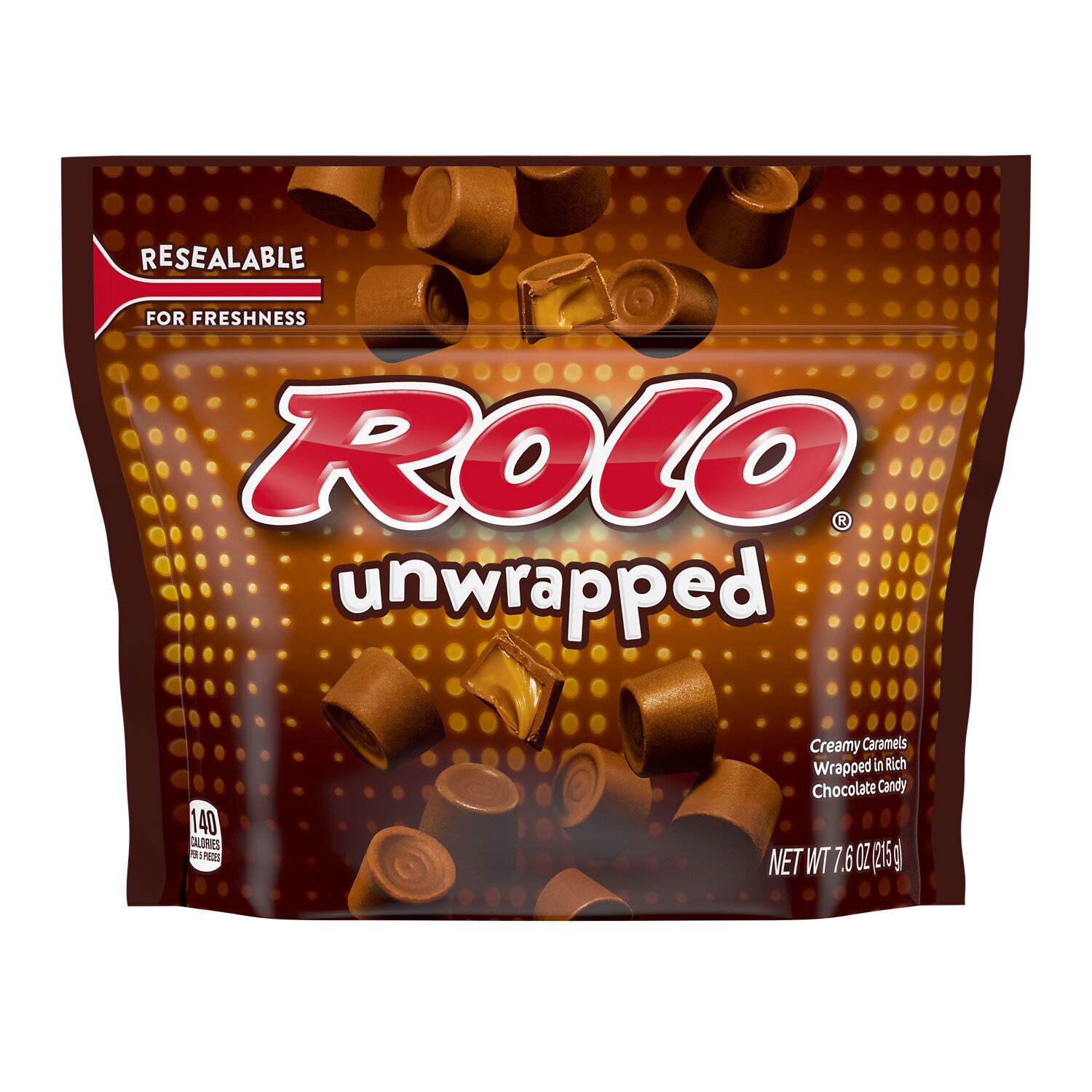 Rolo Unwrapped Rich Chocolate Caramels Candy Resealable Bag, 7.6 oz