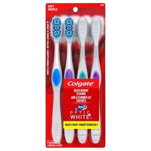 Colgate 360 Optic White Whitening Toothbrush, Soft Bristle, 4 CT
