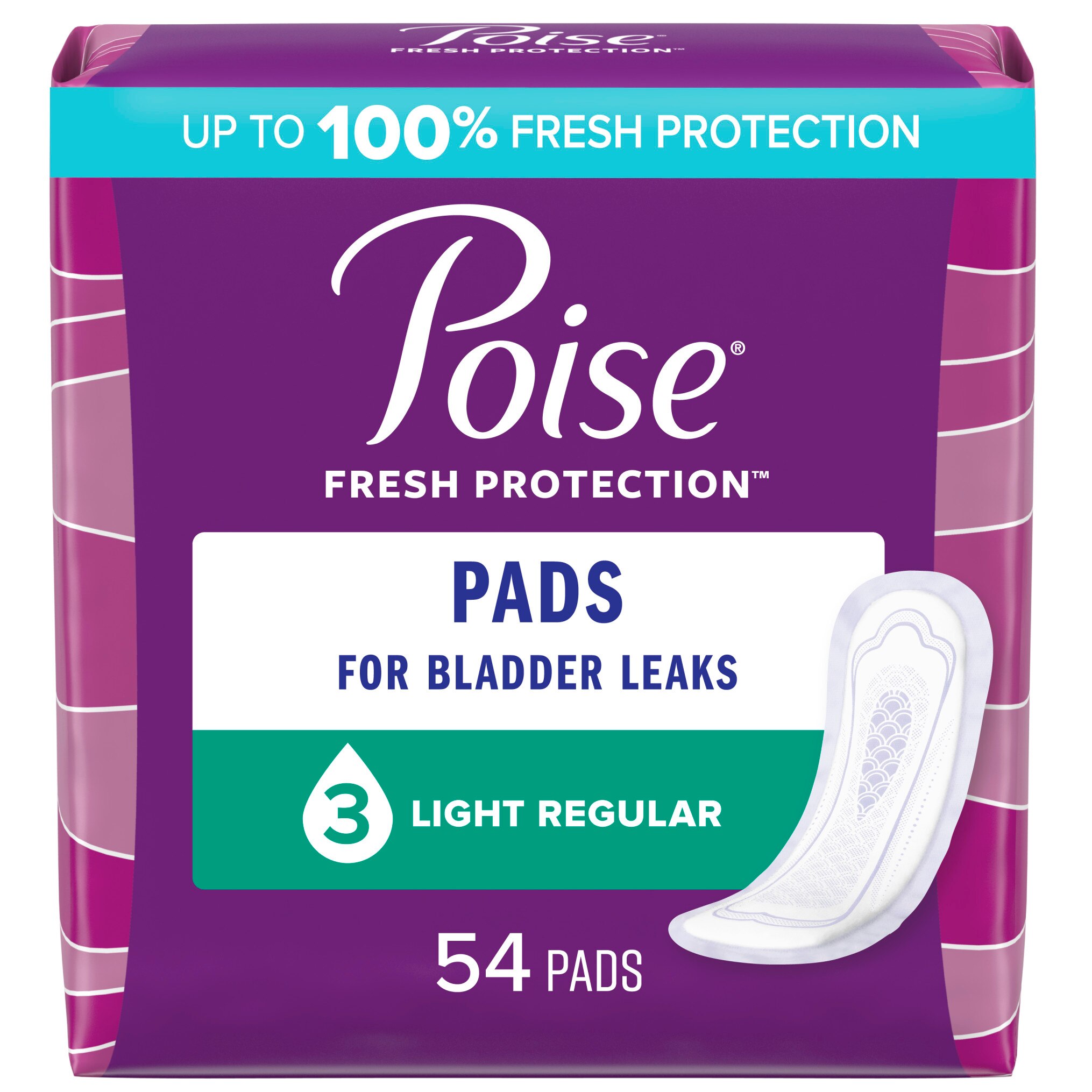 Poise Incontinence Pads, Light Absorbency, Regular, 54 Count