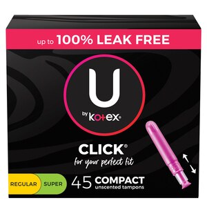U by Kotex Click Compact Tampons, Multipack, Regular/Super Absorbency, Unscented, 45 Count