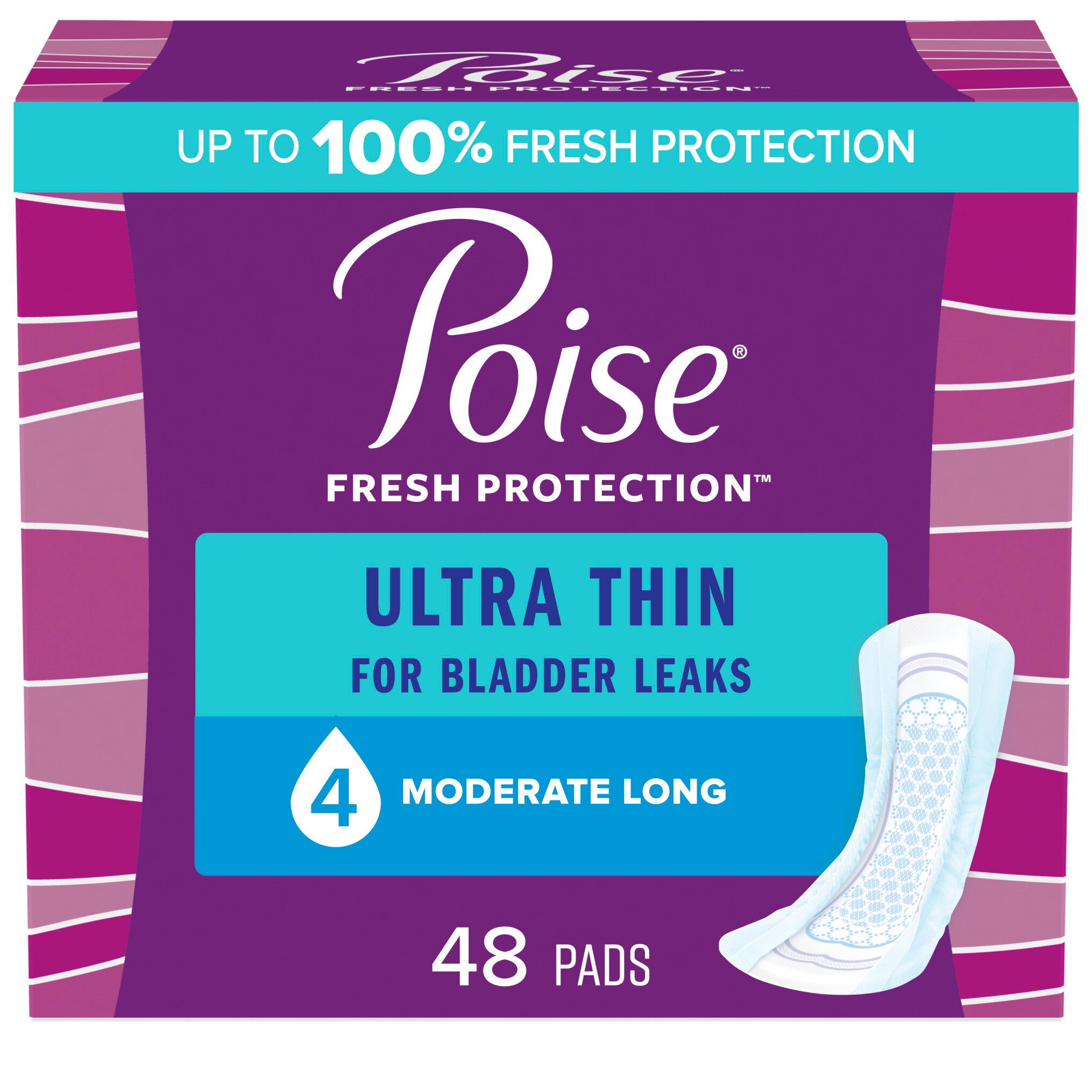 Poise Ultra Thin Incontinence Pads, Moderate Absorbency, Long Length, 48 CT