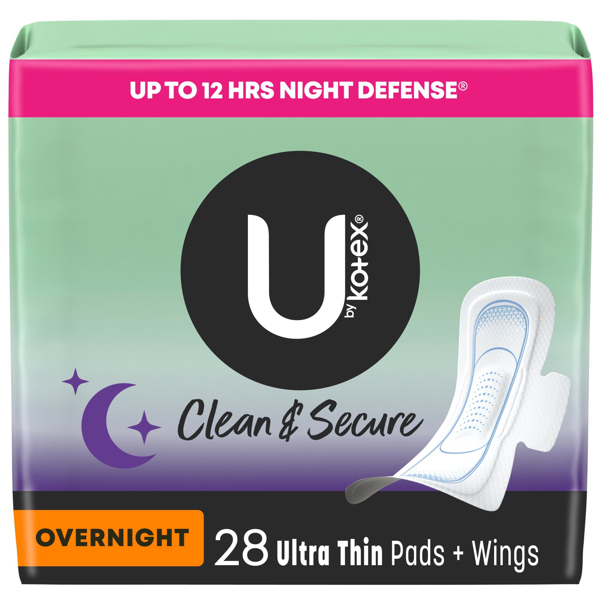 U by Kotex Security Ultra Thin Pads with Wings, Overnight, 28 CT