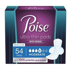 Poise Ultra Thin Incontinence and Postpartum Pads for Women Moderate Absorbency, with Wings, 54 CT