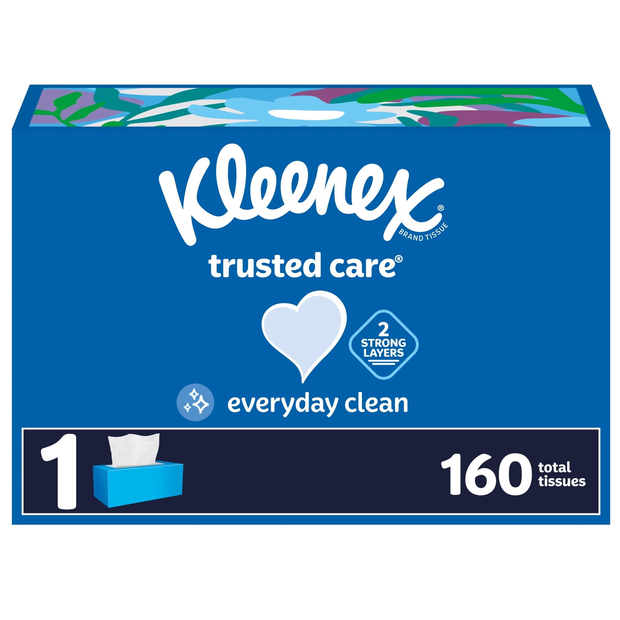 Kleenex Trusted Care Facial Tissues, 1 Flat Box, 160 Tissues per Box, 2-Ply
