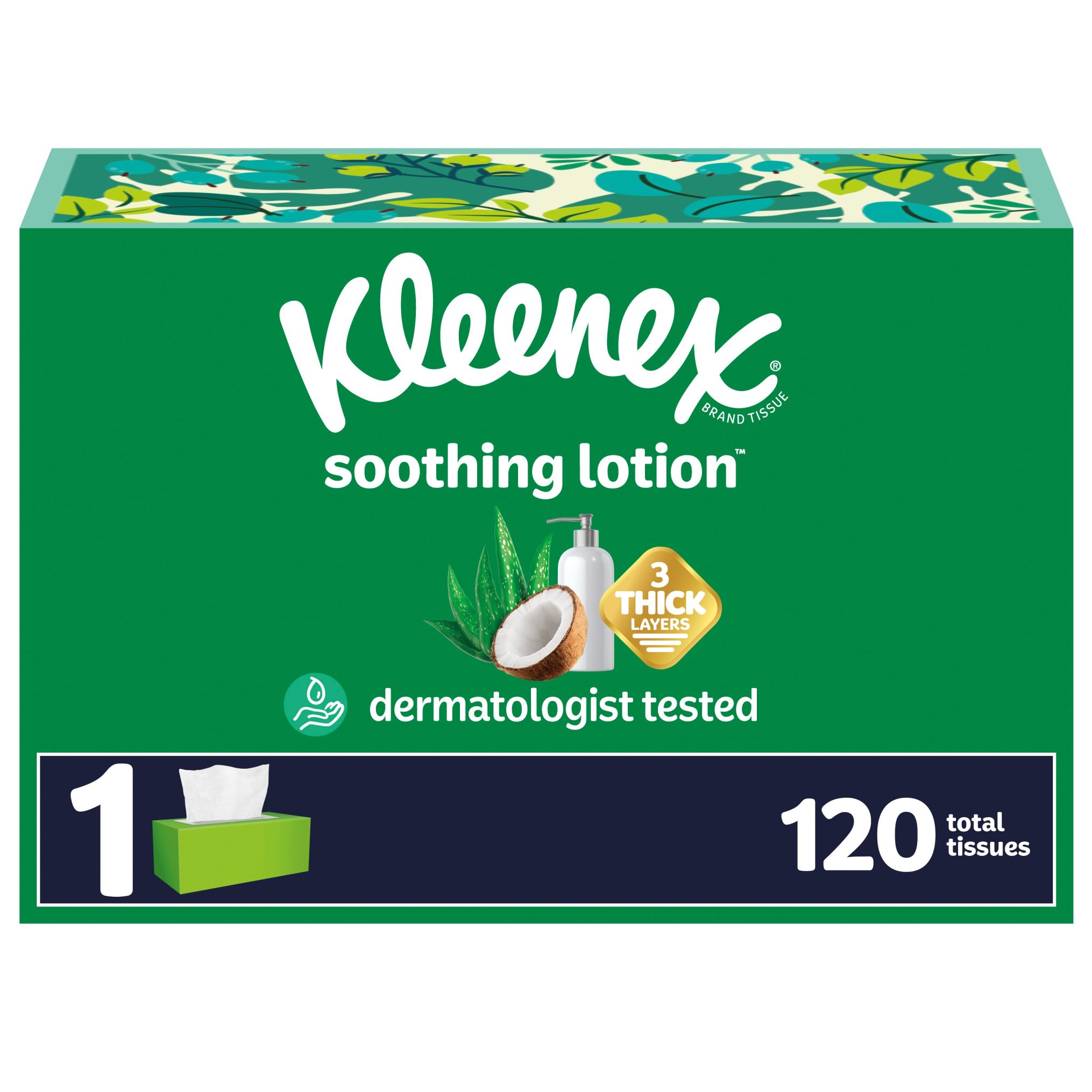 Kleenex Soothing Lotion Facial Tissues with Coconut Oil, 1 Flat Box, 120 Tissues per Box, 3-Ply