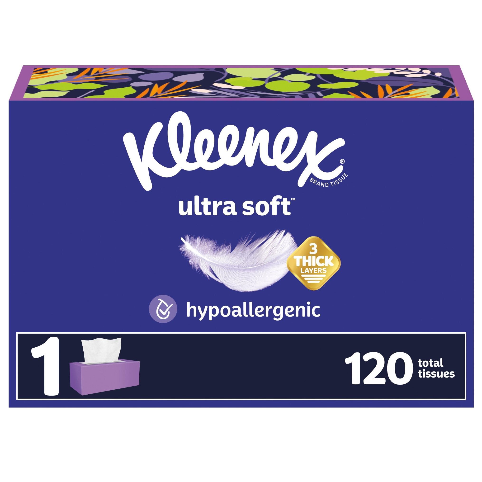 Kleenex Ultra Soft Facial Tissues, 1 Flat Box, 120 Tissues per Box, 3-Ply