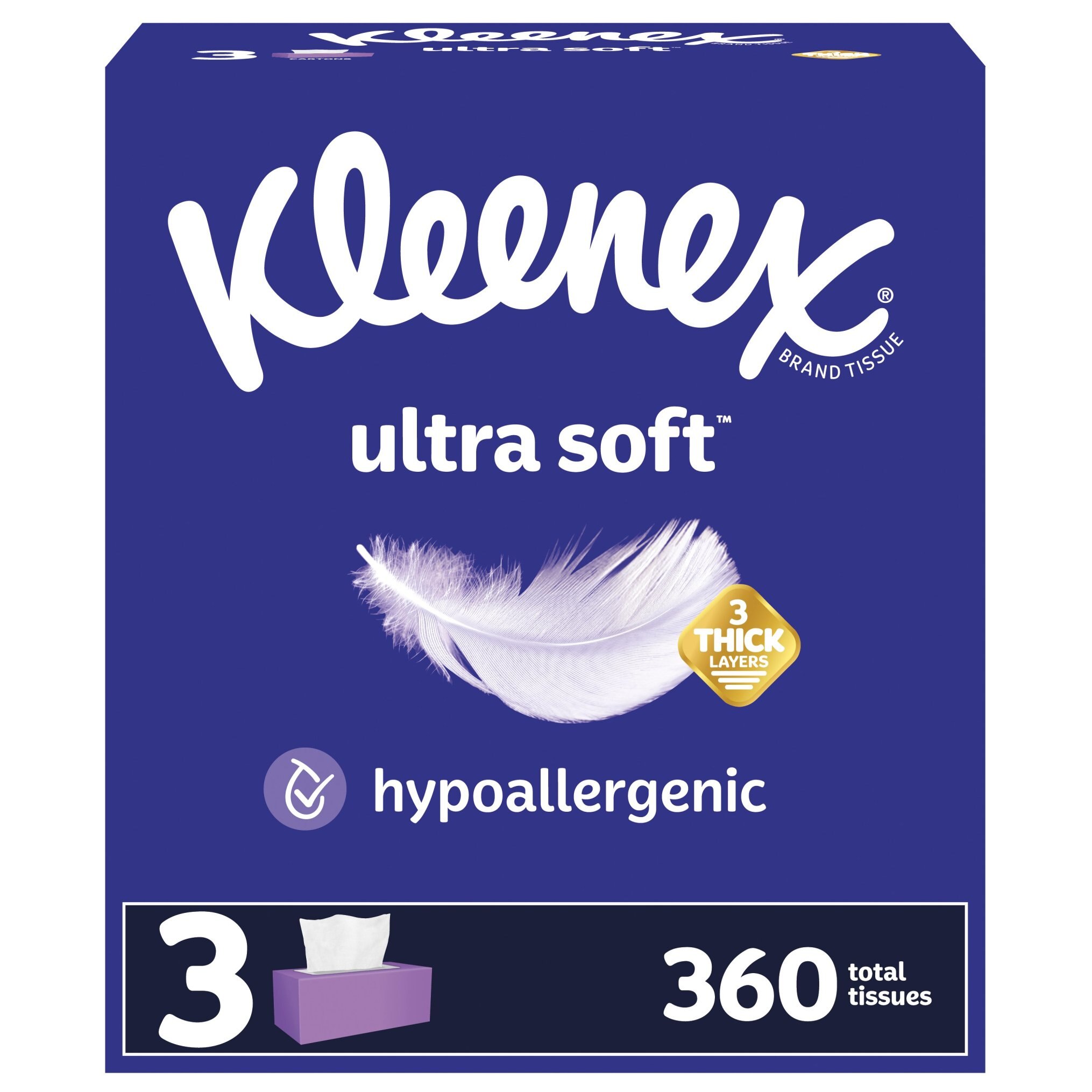 Kleenex Ultra Soft Facial Tissues, 3 Flat Boxes, 120 Tissues per Box, 3-Ply (360 Total Tissues)