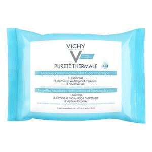 Vichy, Purete Thermale 3-in-1 Micellar Cleansing Wipes, Waterproof Makeup Remover, 25CT