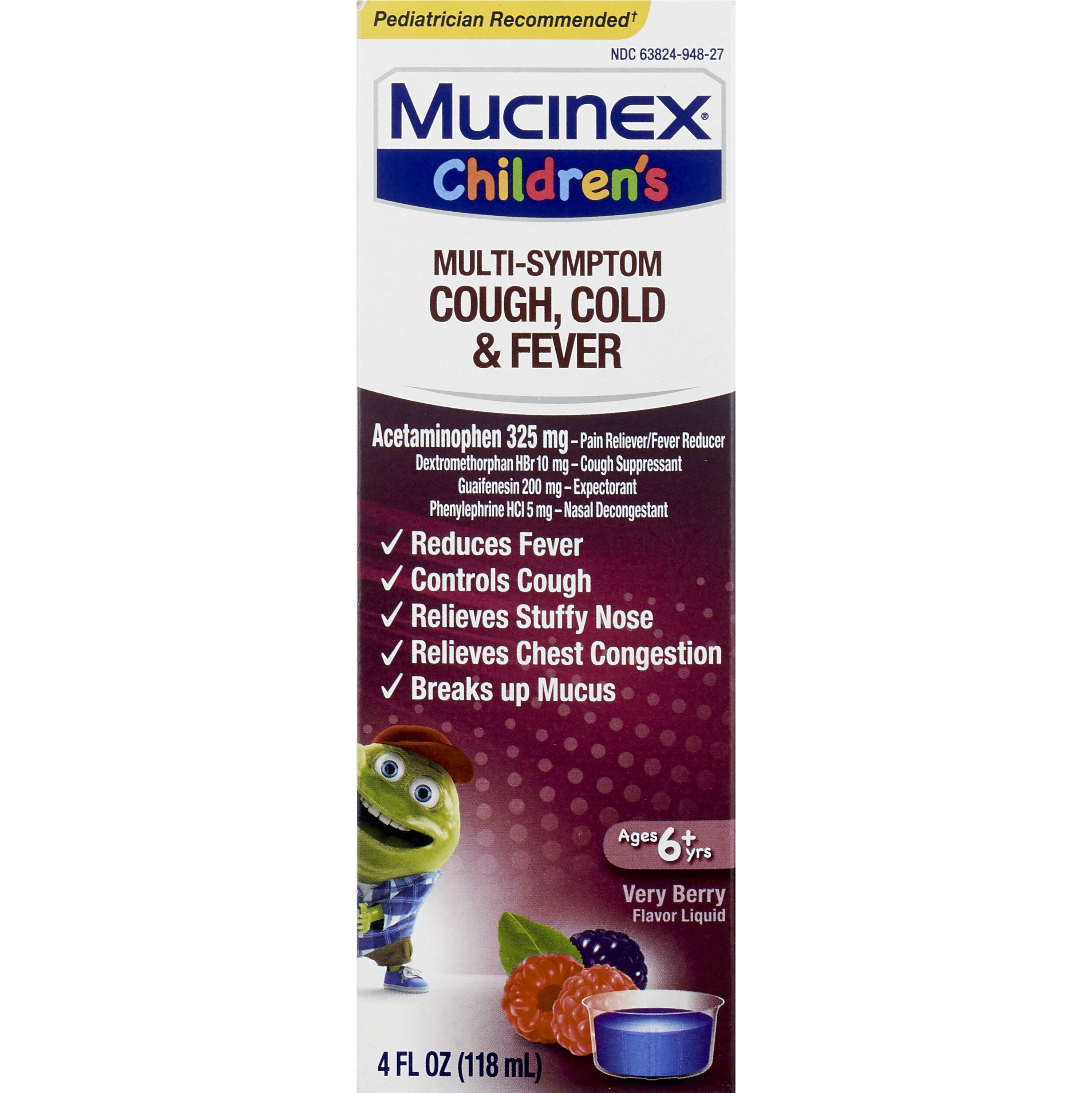 Mucinex Children's Multi-Symptom Cold and Fever Liquid Very Berry, 4 OZ