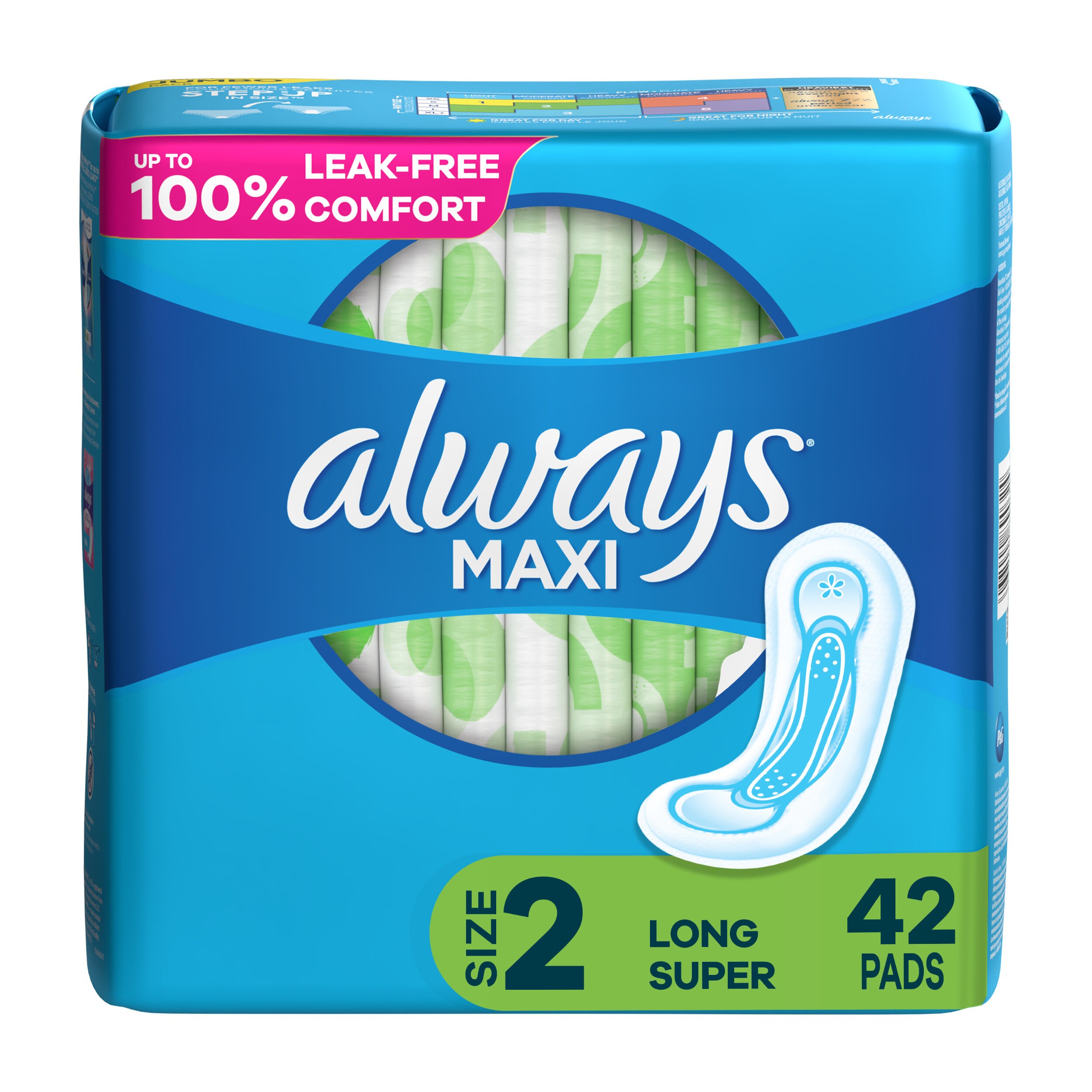 Always Long Maxi Pads Size 2, Unscented, Super, 42 CT