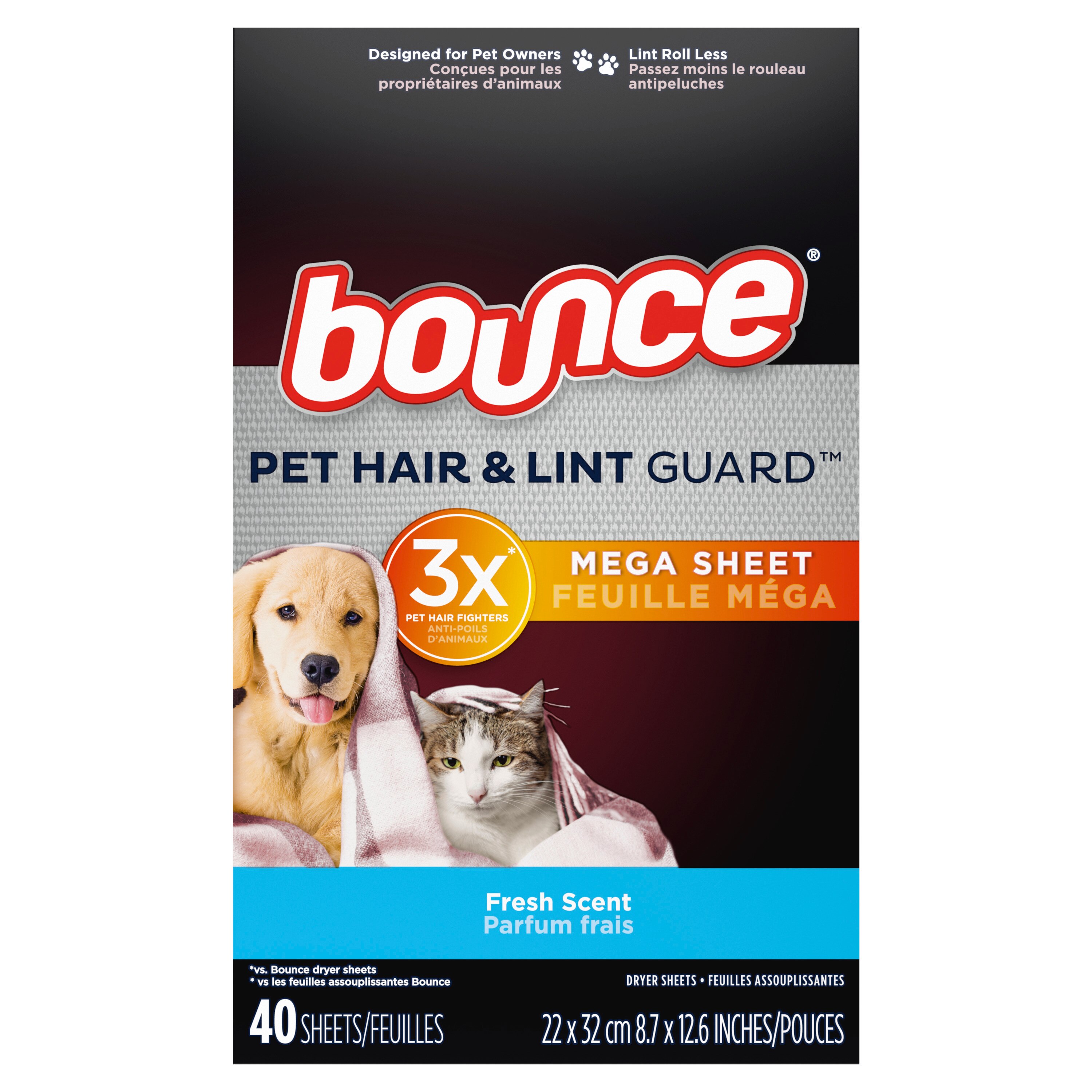 Bounce Pet Hair and Lint Guard Mega Dryer Sheets with 3X Pet Hair Fighters, Fresh Scent, 40 Count