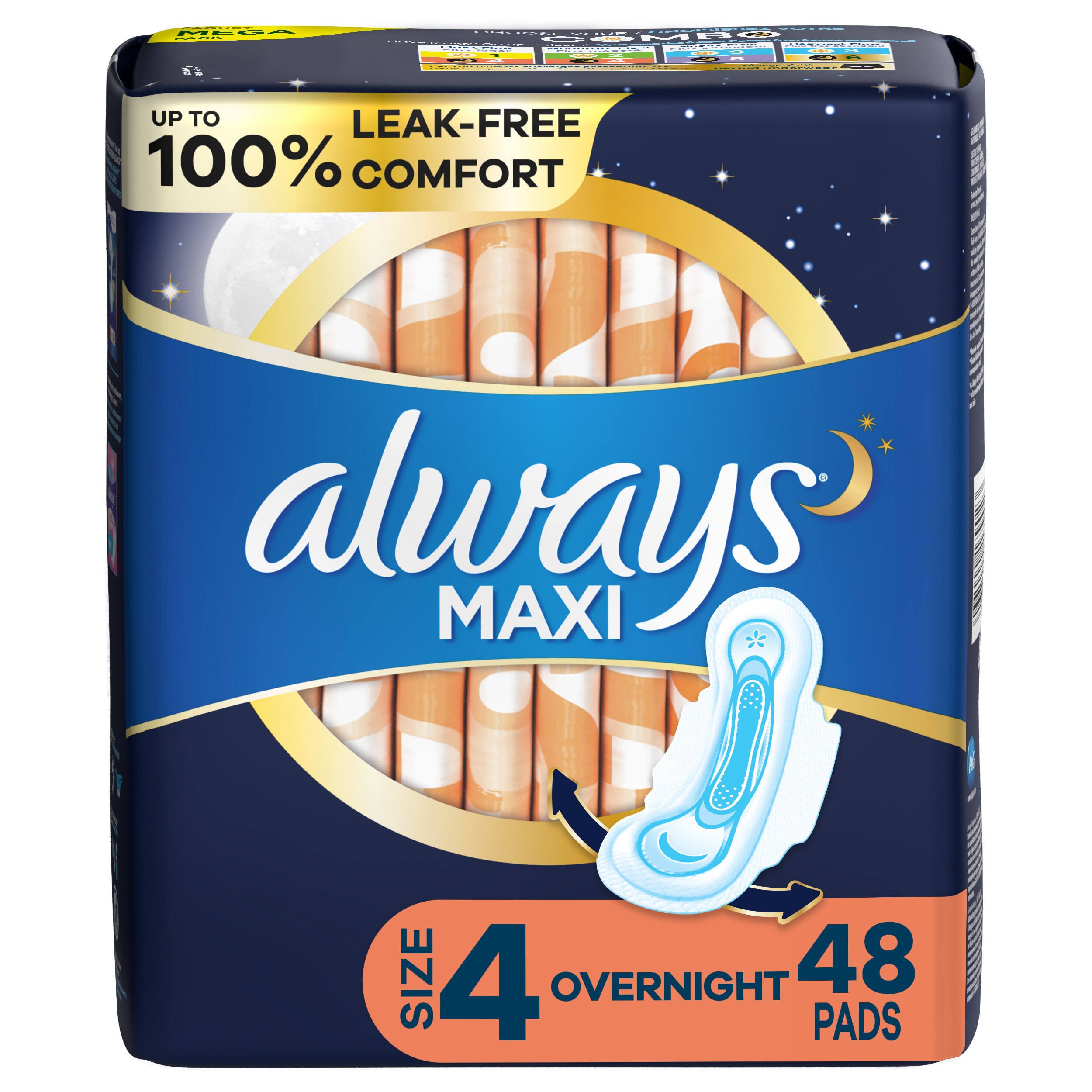 Always Size 4 Maxi Pads with Wings, Unscented, Overnight