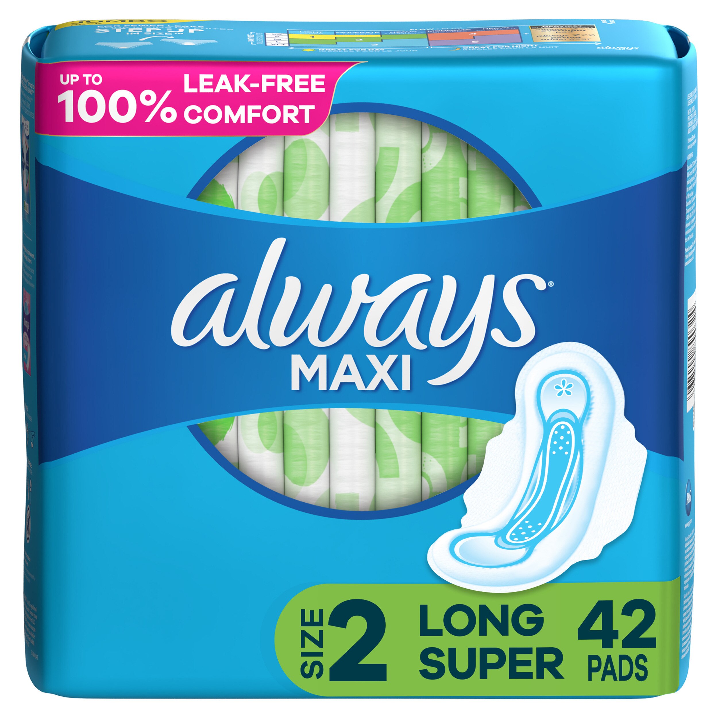 Always Size 2 Long Maxi Pads with Wings, Unscented, Super