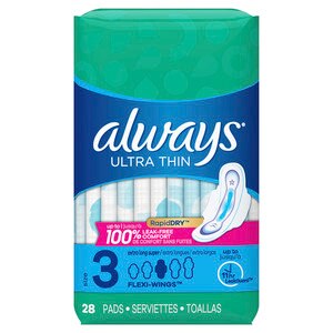 Always Ultra Thin Extra Long Size 3 Pads with Wings, Unscented, Super