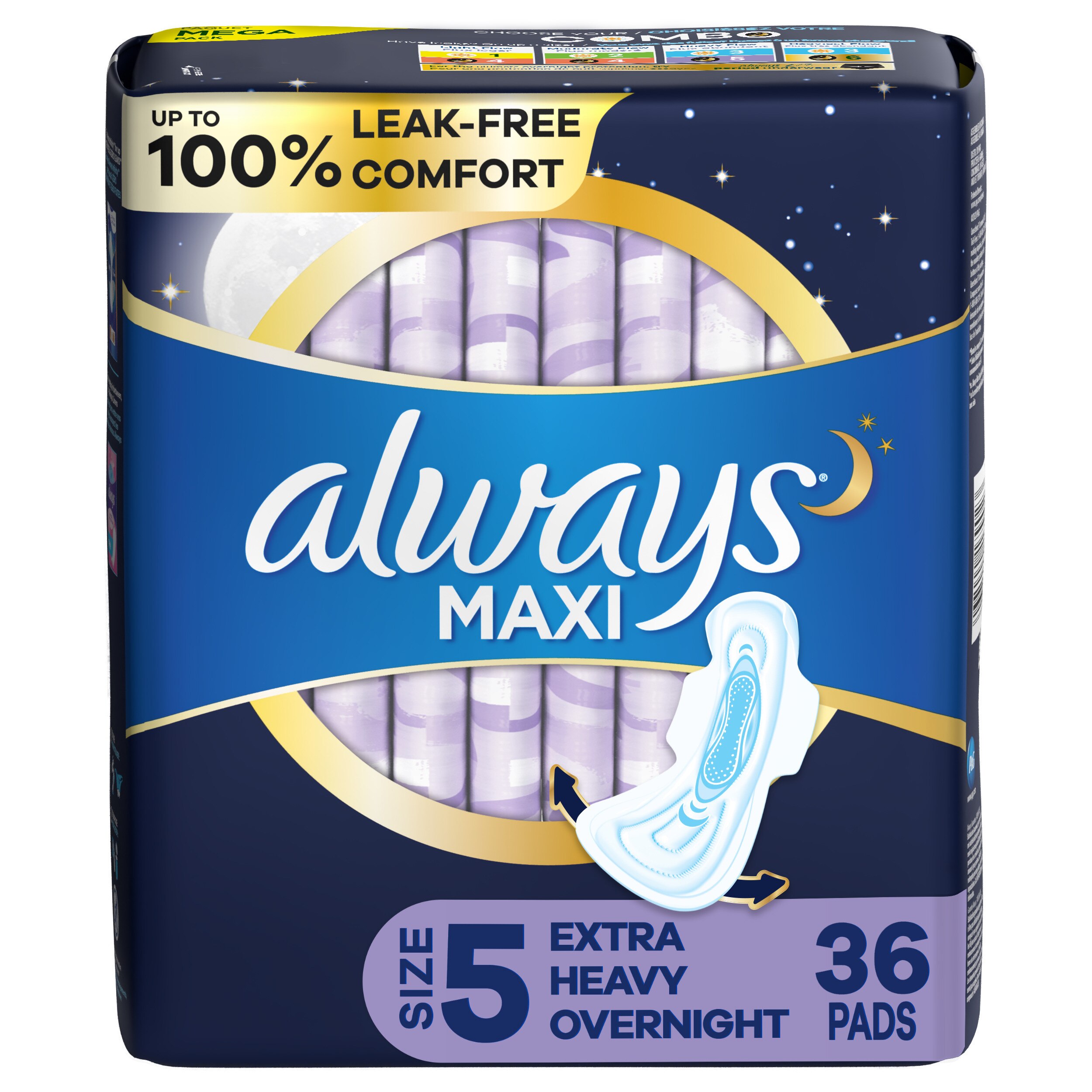 Always Size 5 Maxi Pads with Wings, Unscented, Extra Heavy Overnight