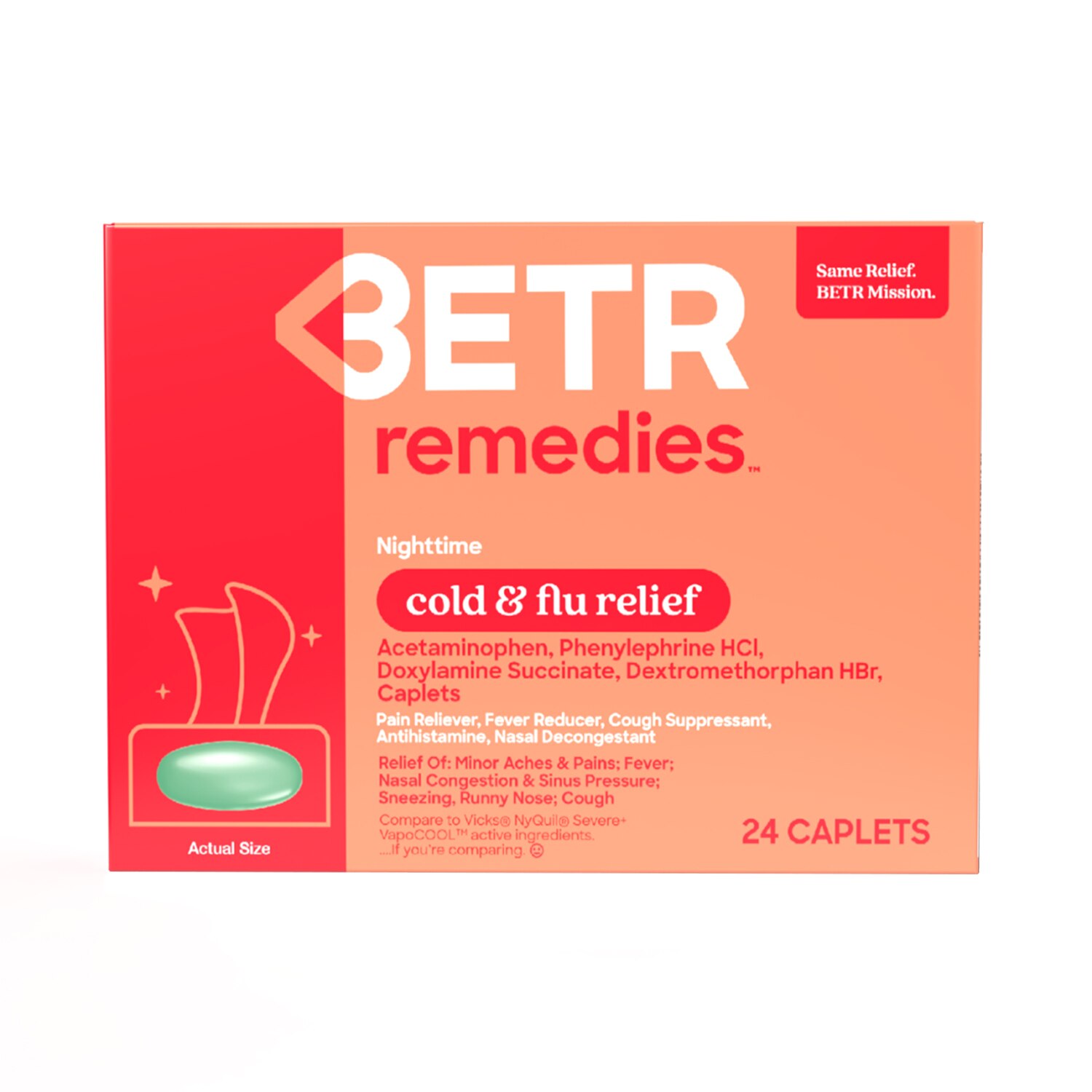 BETR Remedies Nighttime Cold and Flu Relief, Multi-Symptom Relief, Max Strength, 24 Caplets