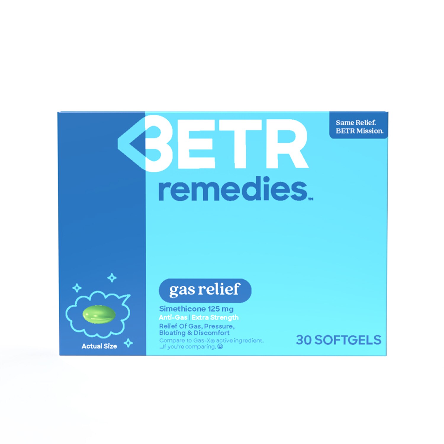 BETR Remedies Gas Relief, Bloating and Gas Relief, Simethicone 125 mg, 30 Softgels