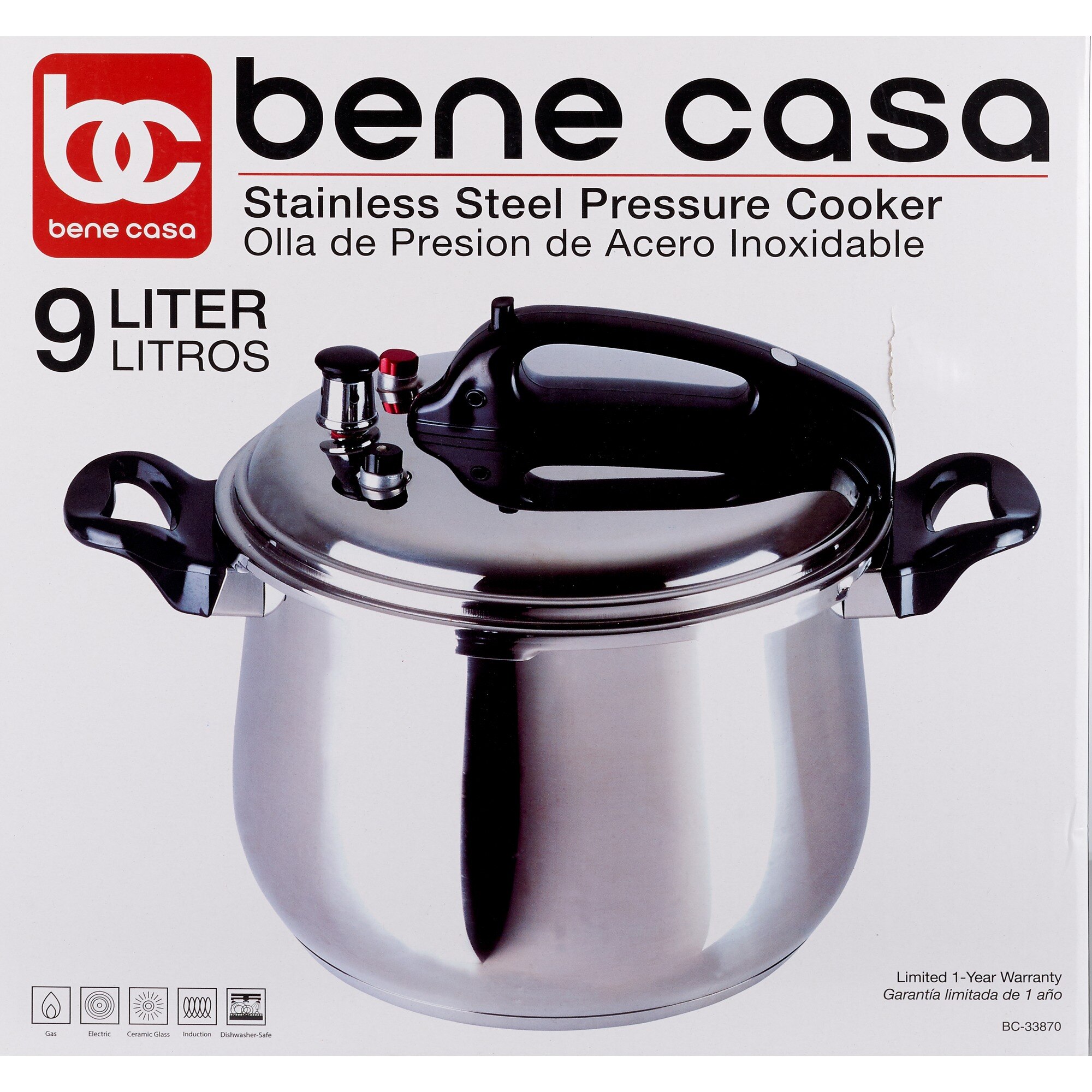 Bene Casa Stove Top Pressure Cooker, Stainless Steel, 9 LT