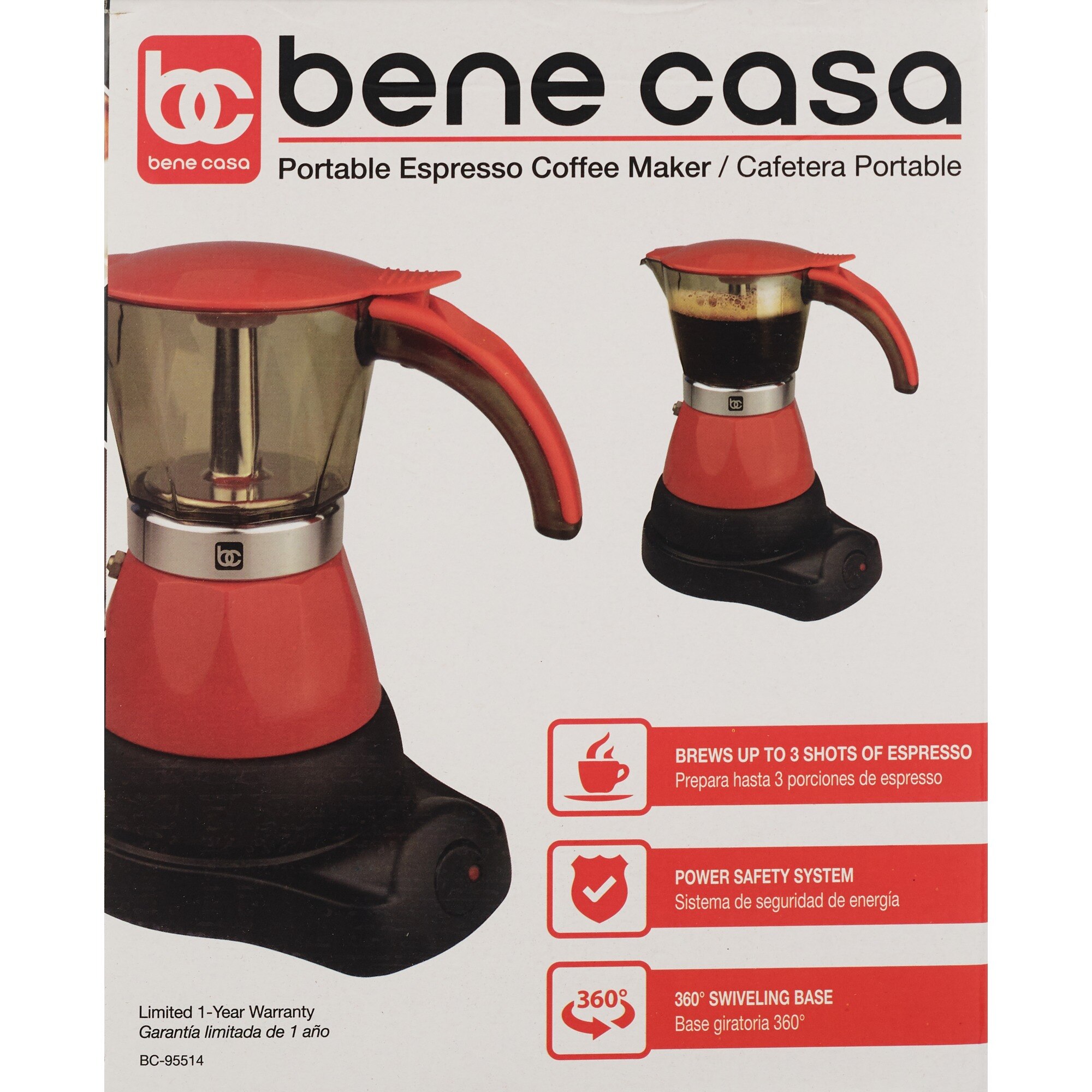 Bene Casa Electric Espresso Maker/Cafetera, Red, 3 CUP