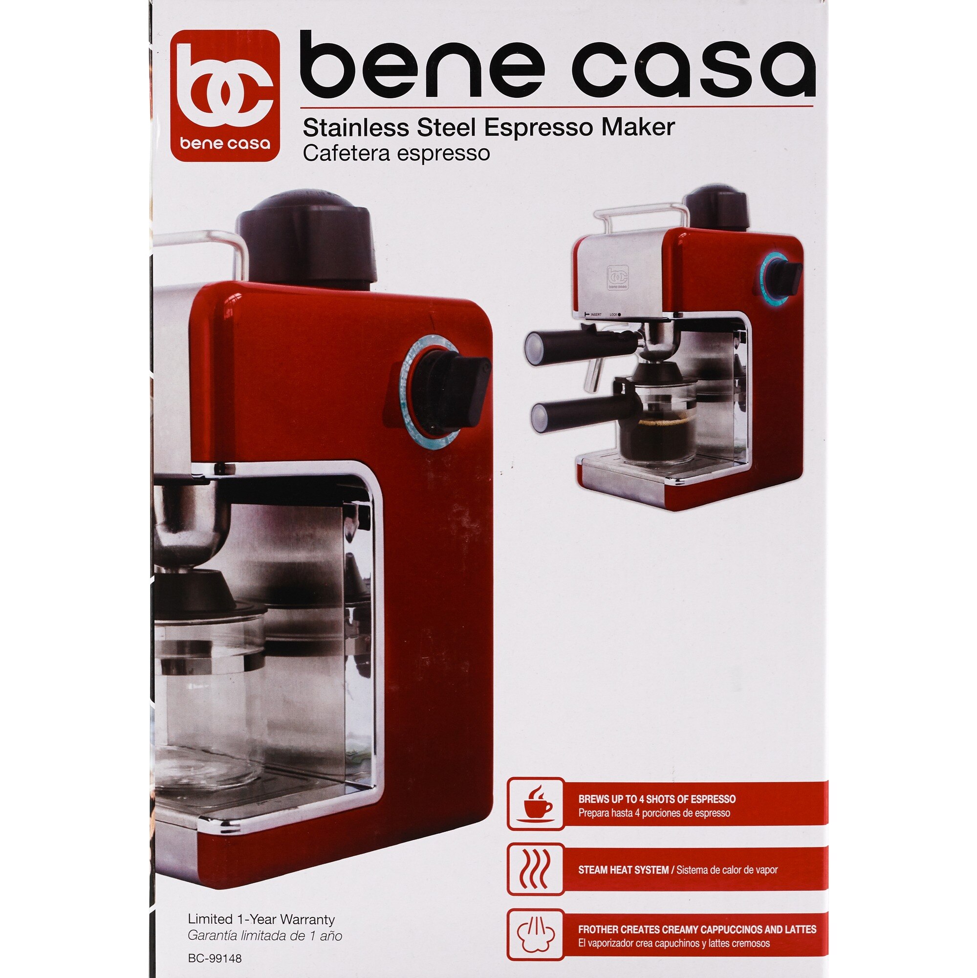 Bene Casa Espresso Maker with Frother, Red, 4 CUP