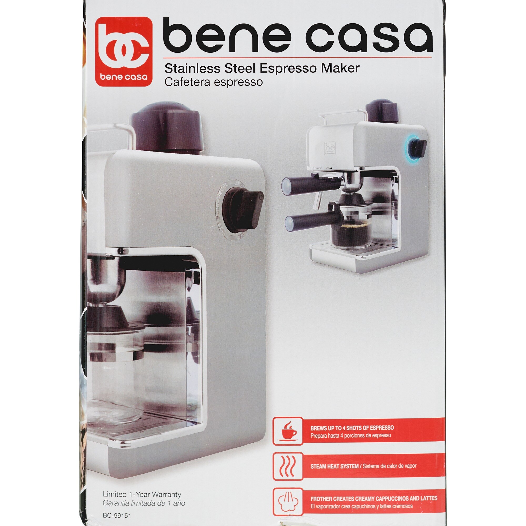 Bene Casa Espresso Maker with Frother, Silver, 4 CUP