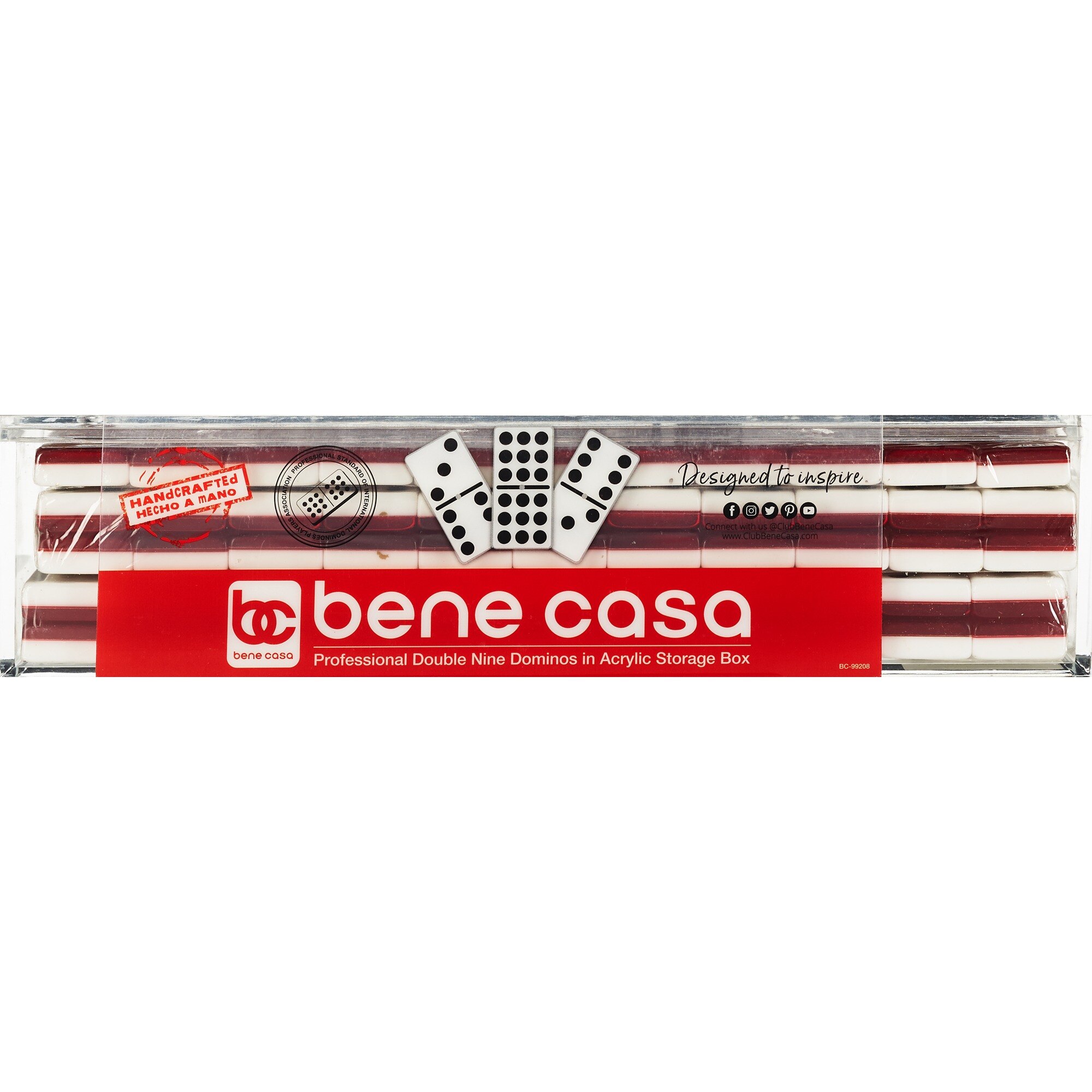 Bene Casa Double 9 Dominoes, Red, Clear Acrylic Box