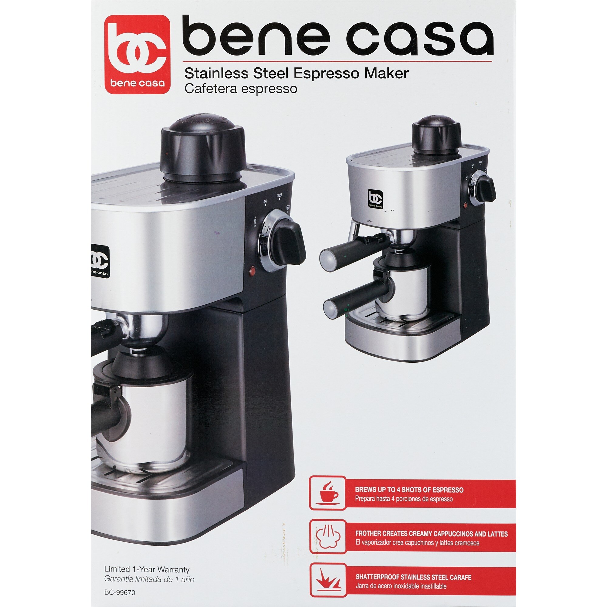 Bene Casa Espresso Maker with Stainless Steel Carafe, Stainless Steel & Black, 4 CUP