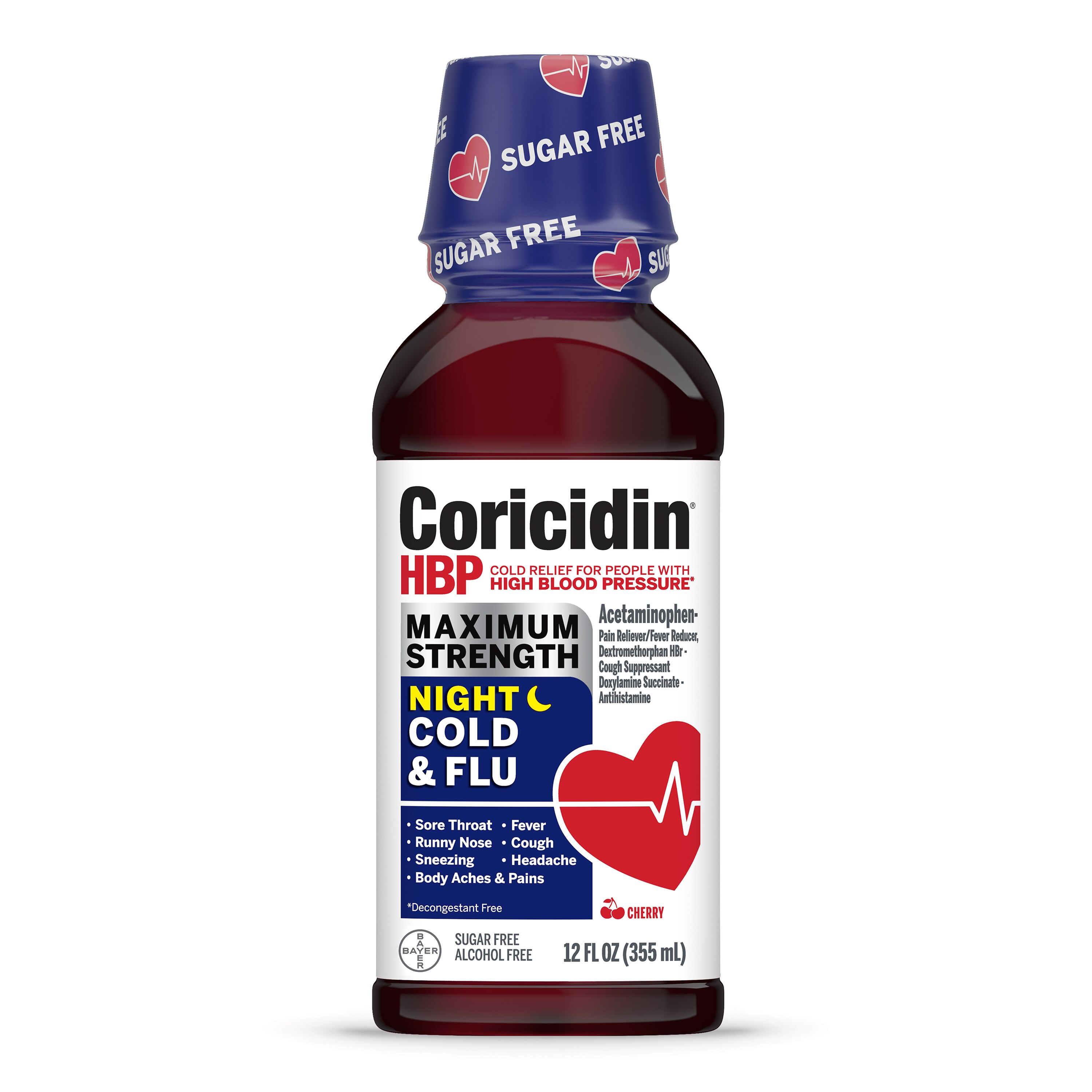 Coricidin HBP Maximum Strength Night Cold & Flu Liquid, Sugar Free, 12 OZ