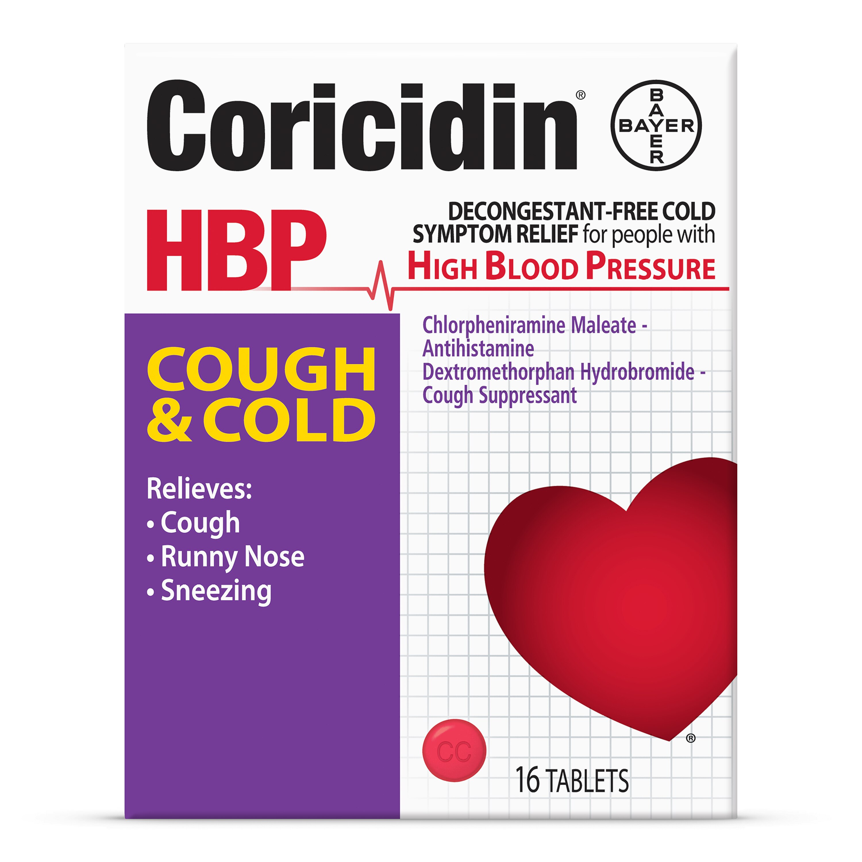 Coricidin HBP Decongestant-Free Cough and Cold Medicine for Hypertensives, 16 CT