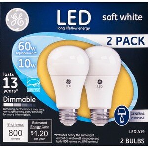 GE LED Soft White Dimmable A19 Light Bulbs, 10w, 2 CT