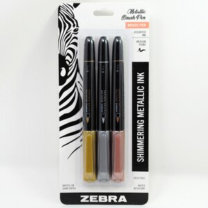 Zebra Brush Pen, Medium Point, Assorted Metallic Ink, 3 ct
